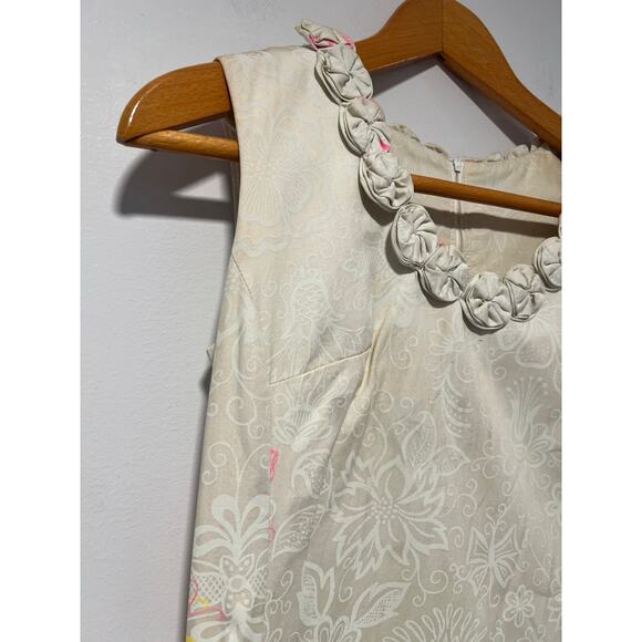 1960s Vintage Sleeveless Shift Mini Dress Butterfly Print Rosette Neckline Sm JL - Picture 3 of 11